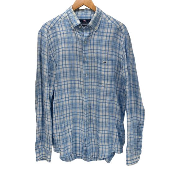Vineyard Vines Shirt Mens Medium Blue Plaid Linen Button Down Classic Fit Tucker - Picture 1 of 7